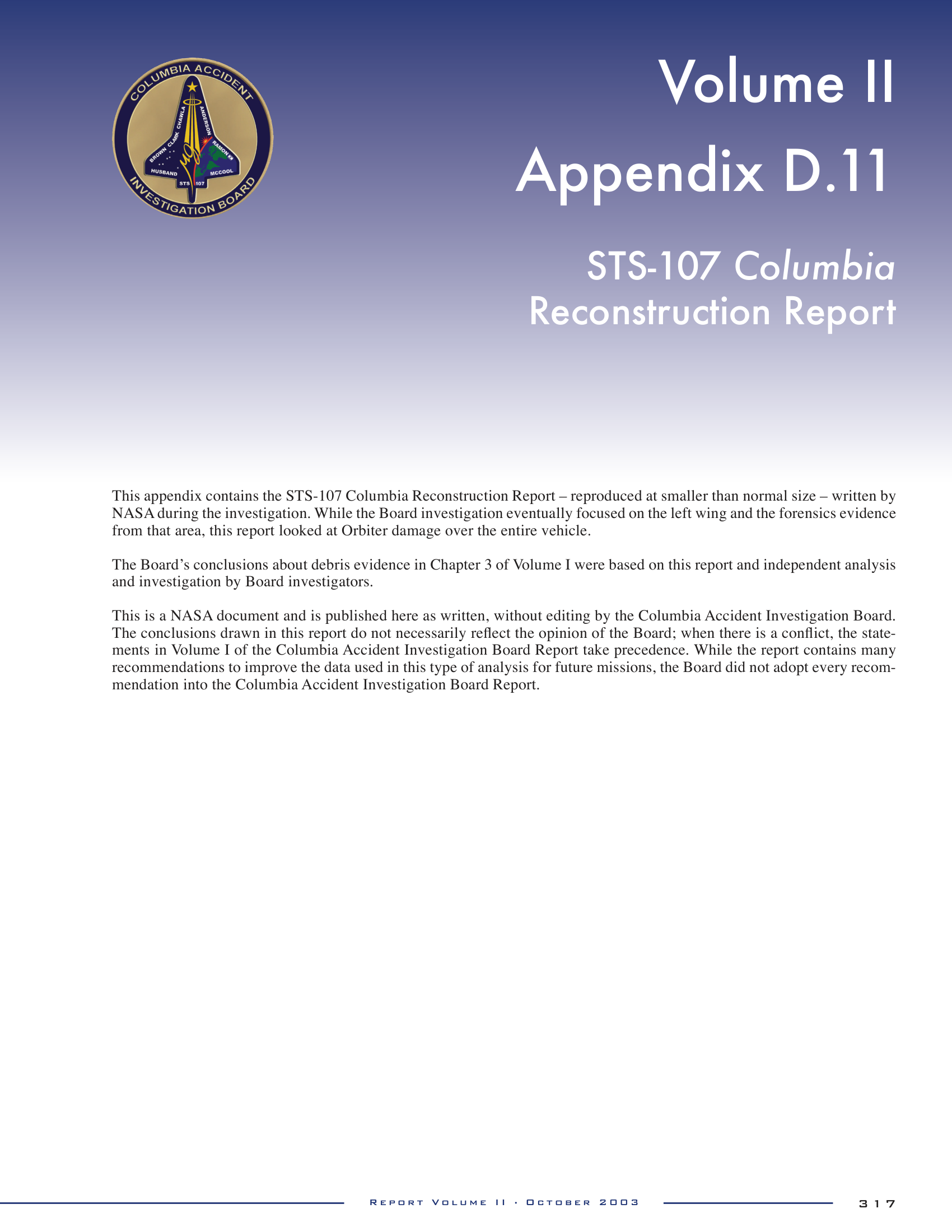 Volume 2 Appendix D   CAIB Technical Documents Cited In The Report